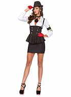 20s female gangster, top and skirt costume, buttons, suspenders